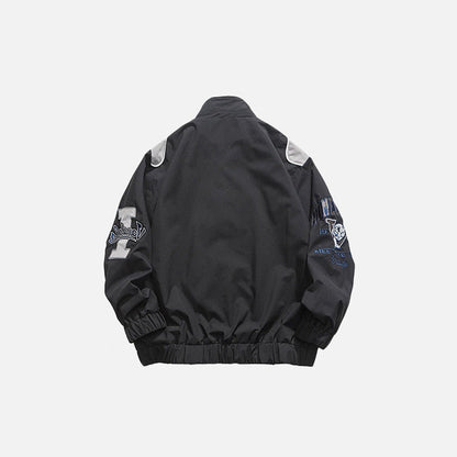 Back view of the black Letter-Embroidered Racing Jacket in a gray background 