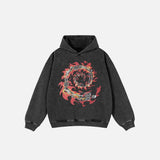 Front view o0f the black Y2K Cycle Of Flames Hoodie in a gray background
