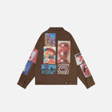 Back view of the brown Y2K Vintage Graphic Print Denim Jacket in a gray background