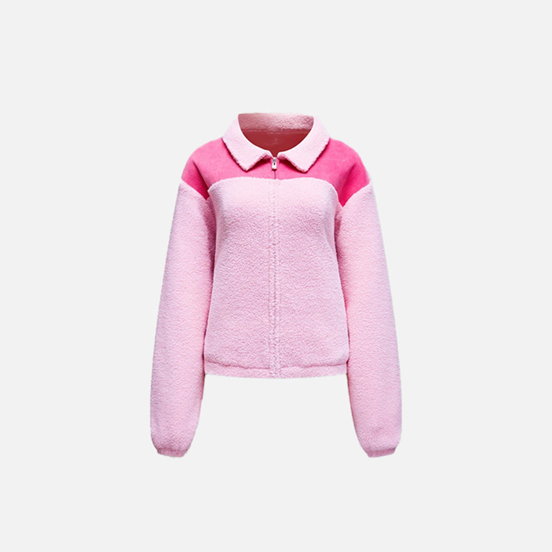 Front view of the pink Cozy Women's Plush Jacket in a gray background