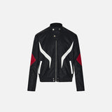Front view of the black Vanguard Color-Block Leather Jacket in a gray background 