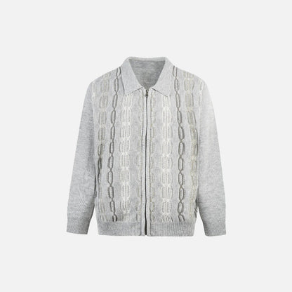 Front view of the gray Cable Knit Zip-Up Sweater in a gray background 
