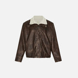 Front view of the coffee Vintage Washed PU Leather Jacket in a gray background