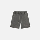 Front view of the grey Vintage Washed Distressed Sport Shorts in a gray background