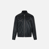 Front view of the black Oversized Loose PU Leather Jacket in a gray background