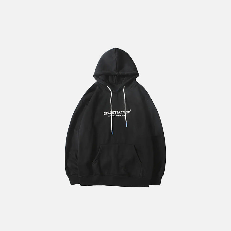 Front view of the black Disintegration Art Hoodie in a gray background 