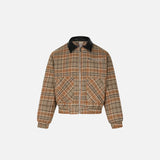 Front view of the khaki Loose Retro Plaid Striped Jacket in a gray background 