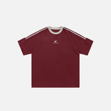 Front view of the red Loose Side Striped Embroidery T-shirt T-shirt in a gray background