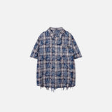 Front view of the blue Vintage Plaid Ripped Shirt in a gray background 