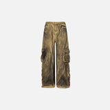 Front view of the yellow Baggy Loose Cargo Pants in a gray background
