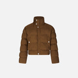 Front view of the khaki Women's Pleated Short padded Puffer Jacket in a gray background 