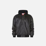 Front view of the black Oversized Loose PU Leather Jacket in a gray background 