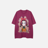 Front view of the rose red Y2K Whimsical Doll T-shirt in a gray background