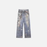 Front view of the blue Y2K Rustic Relic Jeans in a gray background