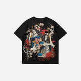 Back view of the black Samurai Spirits With Blossoms T-shirt in a gray background