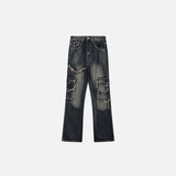 Front view of the Distressed Baggy High-waist Jeans in a gray background 