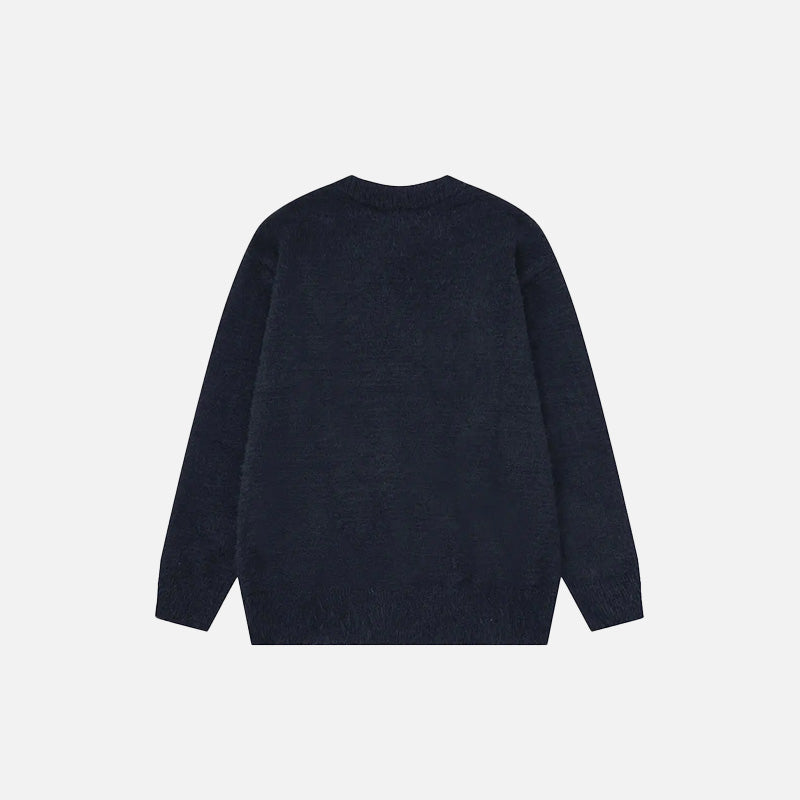 Back view of the black Y2K Knitted Fluffy Snake Sweater in a gray background