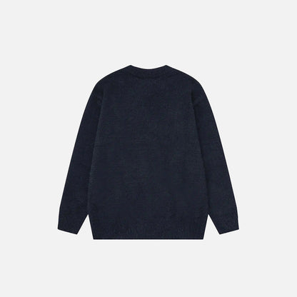 Back view of the black Y2K Knitted Fluffy Snake Sweater in a gray background