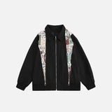 Graphic Printed Rib Sleeve Zip-up Oversized Jacket