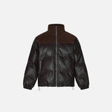 Front view of the coffee Loose Padded PU Leather Jacket in a gray background 