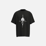 Front view of the black Celestial Bloom T-shirt in a gray background