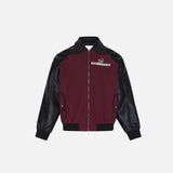 Front view of the red Loose Patchwork Contrast Color Jacket in a gray background 