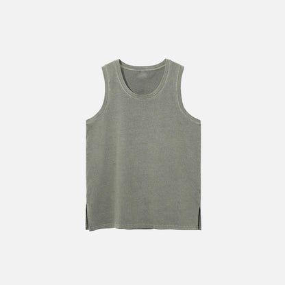 Front view of the grey green Side Slit Unisex Sleeveless T-shirt in a gray background 