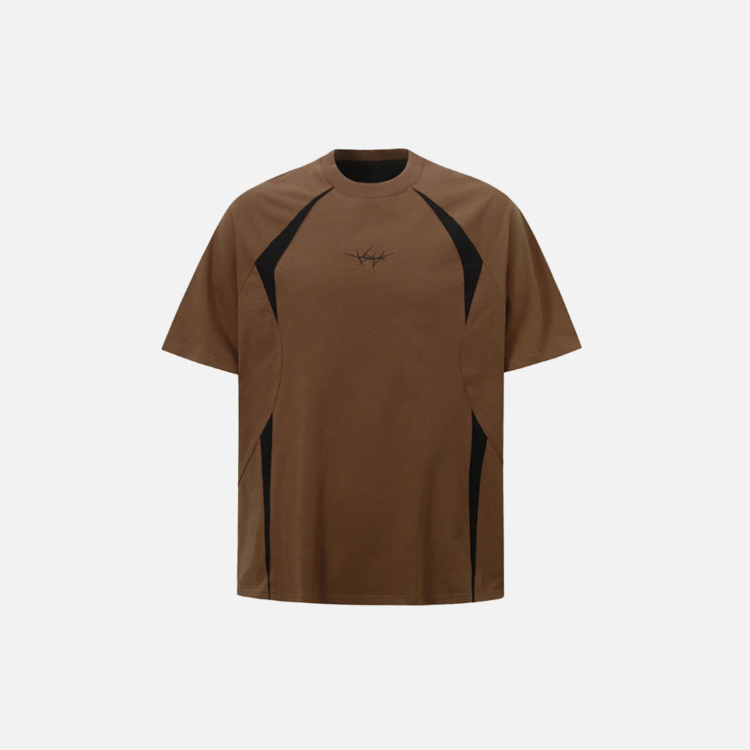 Front view of the brown Embroidery Patchwork T-shirt in a gray background