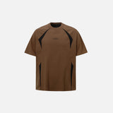 Front view of the brown Embroidery Patchwork T-shirt in a gray background