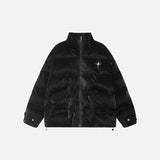 Front view of the Black Loose PU Leather Jacket in a gray background