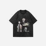 Front vew of the black Oversized Anime T-shirt in a gray background