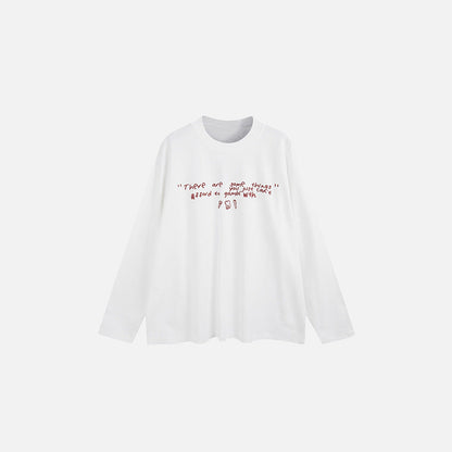 Front view of the white Graphic Text Long Sleeve T-shirt in a gray background