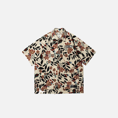 Front view of the khaki Y2k Floral Aloha Shirt in a gray background 