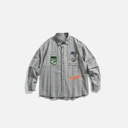 Front view of the gray Vintage Loose Plaid Varsity Shirt in a gray background 