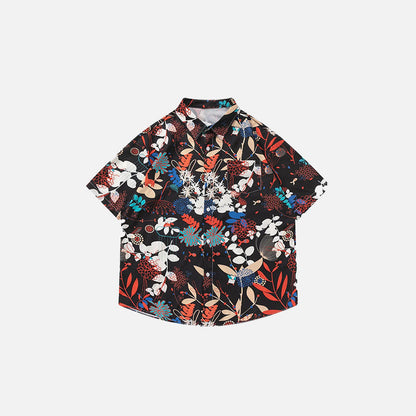 Front view of the black Flower Corduroy Short Sleeve Shirt in a gray background