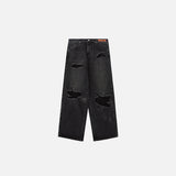 Front view of the black Loose Denim Ripped Washed Jeans in a gray background 