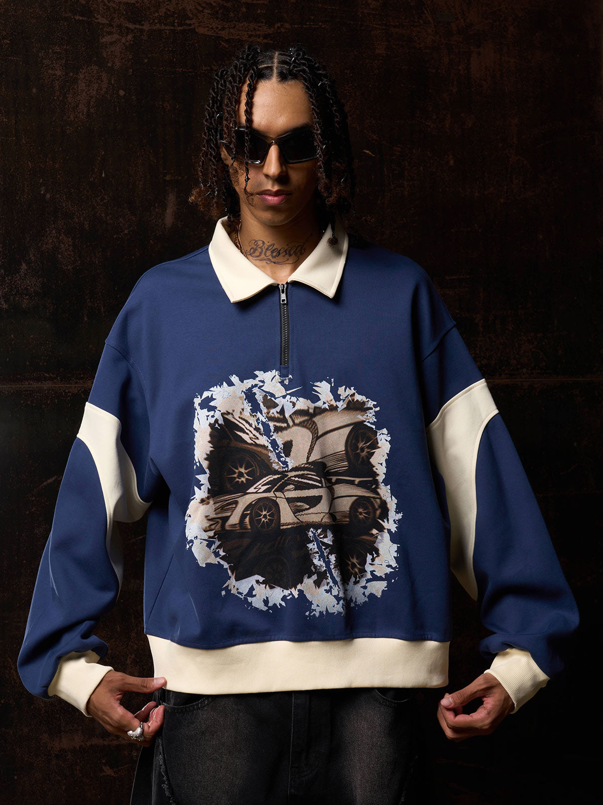 Original Racing Style Print Lapel Sweatshirt; Purplish Blue / S, Purplish Blue / M, Purplish Blue / L, Purplish Blue / XL, Purplish Blue / 2XL, Purplish Blue / 3XL