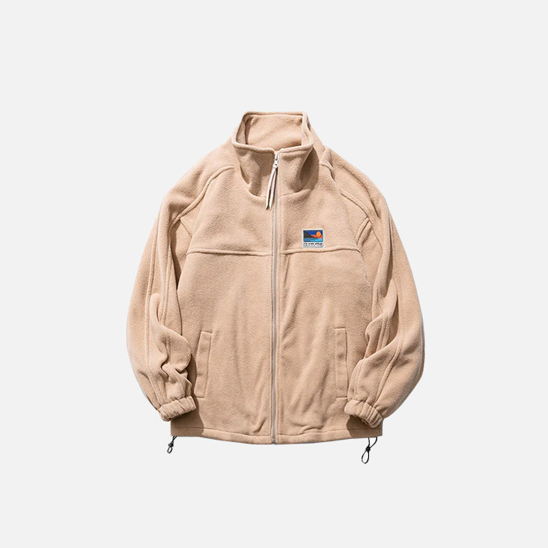 Front view of the khaki Heritage Fleece Zip-Up Jacket in a gray background