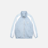 Front view of the blue Classic Striped Track Jacket in a gray background