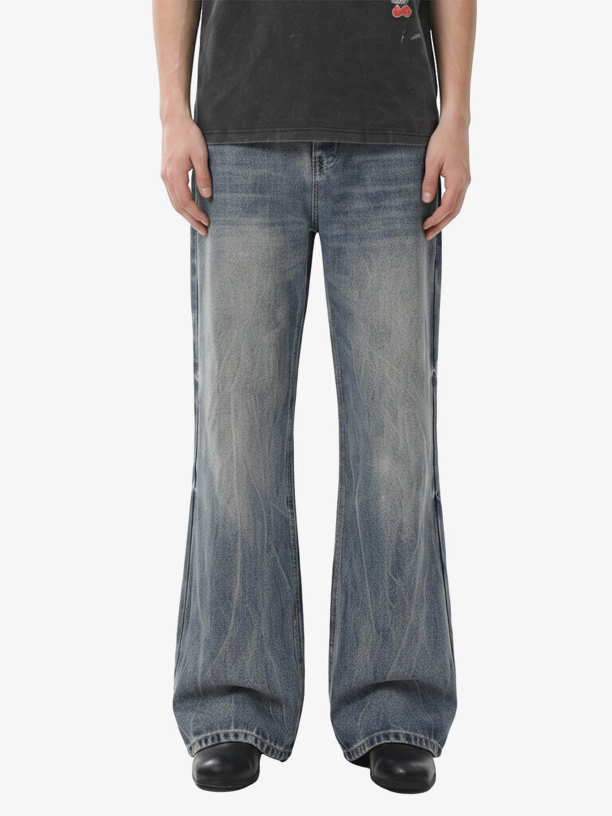 Retro Washed Faded Flared Jeans; Blue / S, Blue / M, Blue / L, Blue / XL, Blue / 2XL
