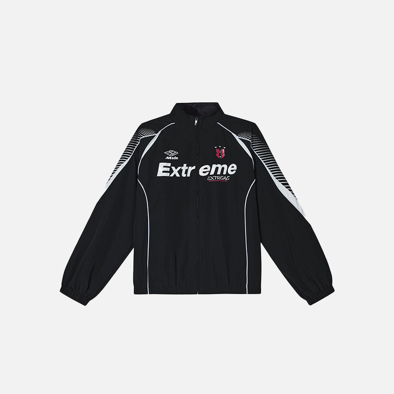Front view of the black Loose Letter Printed Sports Jacket in a gray background 