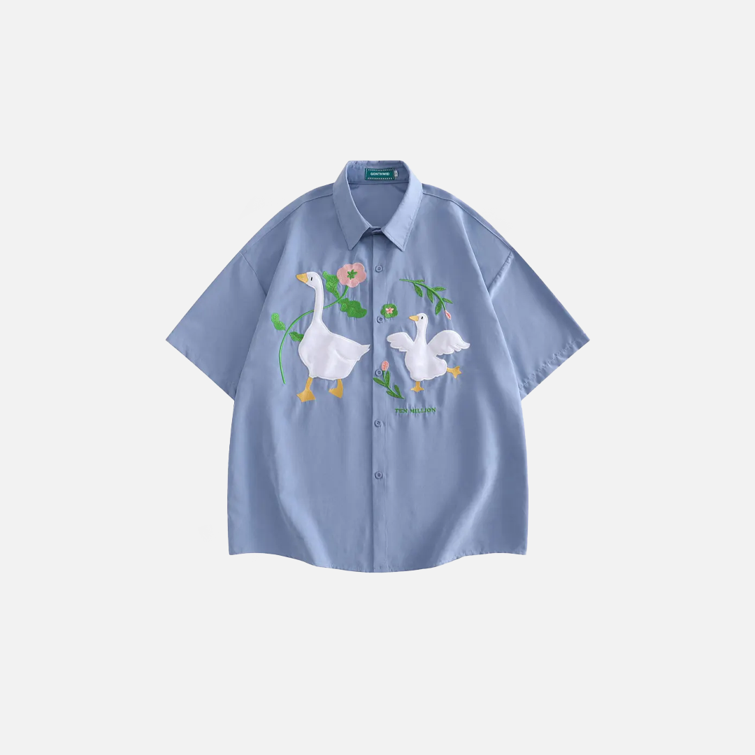 Funny Embroidered Flower White Duck Shirt