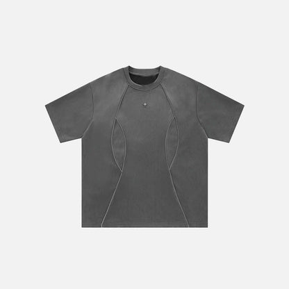 Front view of the gray Solid Stripes Loose T-Shirt in a gray background