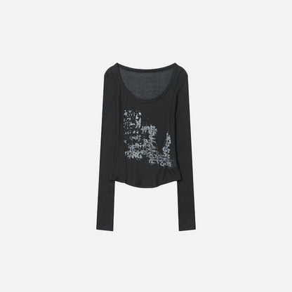 Front view of the black Abstract Print Long-Sleeve Women's T-shirt in a gray background