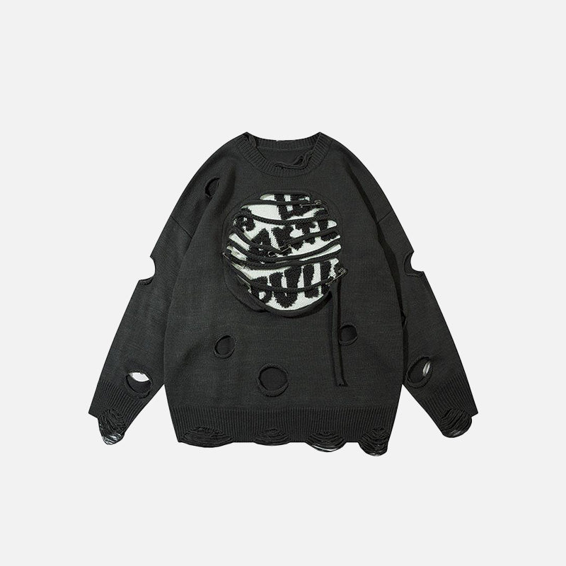 Front view of the gray Solid Color Letter Ripped Hole Sweater in a gray background