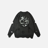 Front view of the gray Solid Color Letter Ripped Hole Sweater in a gray background