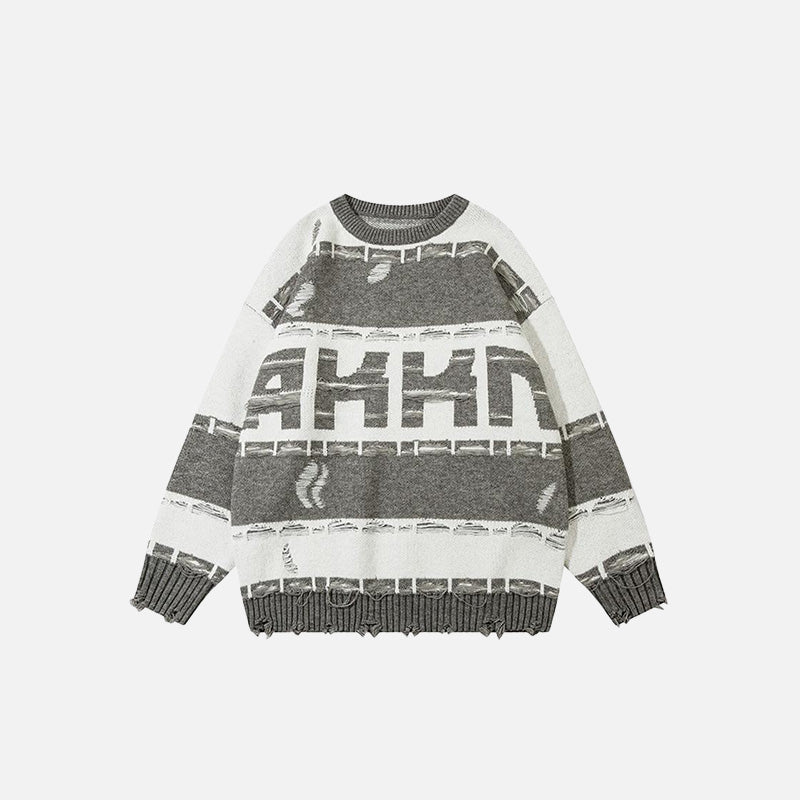 Front view of the gray Oversized Ripped Loose Sweater in a gray background 