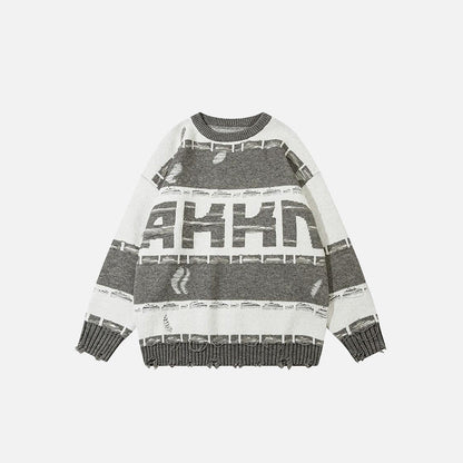 Front view of the gray Oversized Ripped Loose Sweater in a gray background 