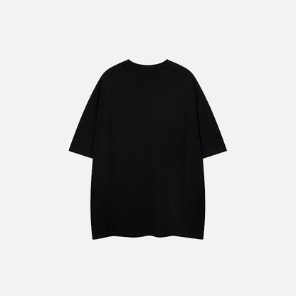 Back view of the black Embroidery Letter Print T-shirt in a gray background 
