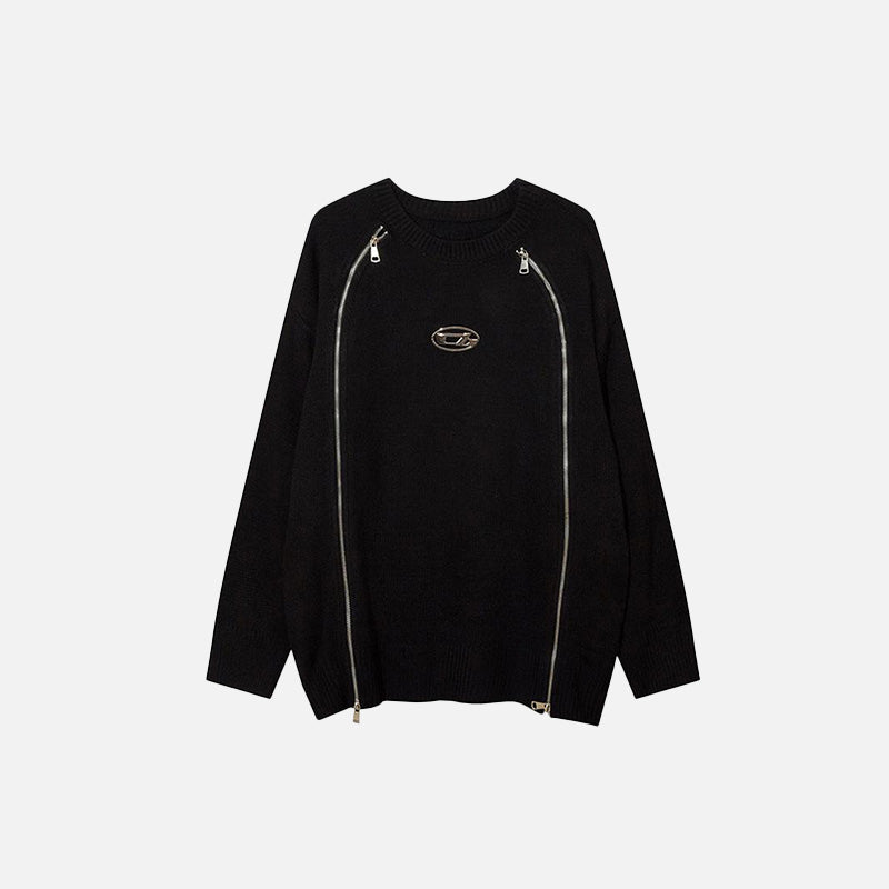 Front view of the black Spliced Round-neck Zipper Sweater in a gray background 